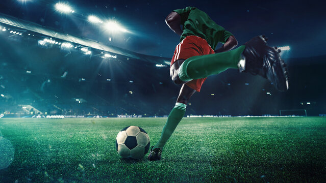 Fototapeta Back view on focused man, soccer player in motion, running on field and controlling ball during match, competing for the victory. 3D render of stadium. Concept of sport, tournament, competition, game