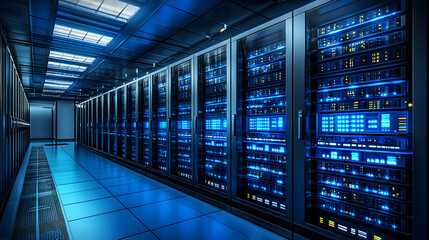 Blue light illuminating a dark room filled with computer servers, blue light, dark room, computer servers, technology