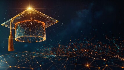 Low polygonal illustration of a yellow glowing graduation cap on a dark background
