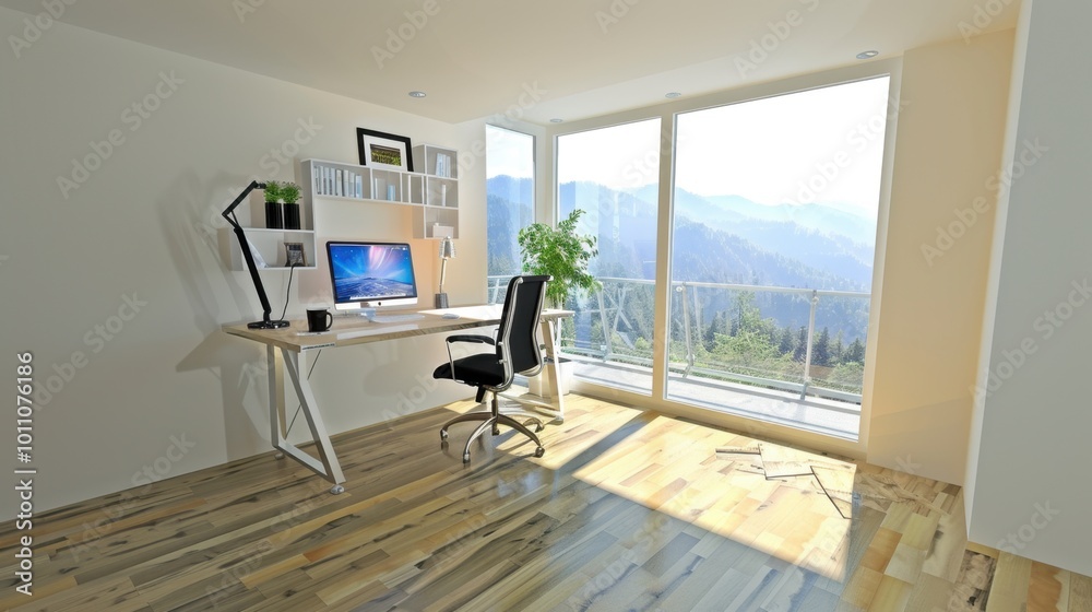 Canvas Prints Modern Workspace with Mountain View and Natural Light