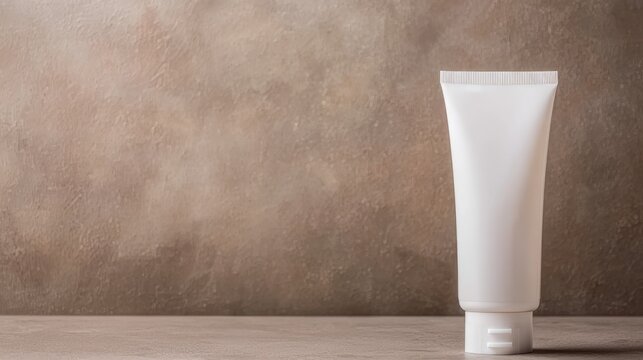 Stylish white tube on a textured beige background, perfect for skincare or cosmetic product presentations.