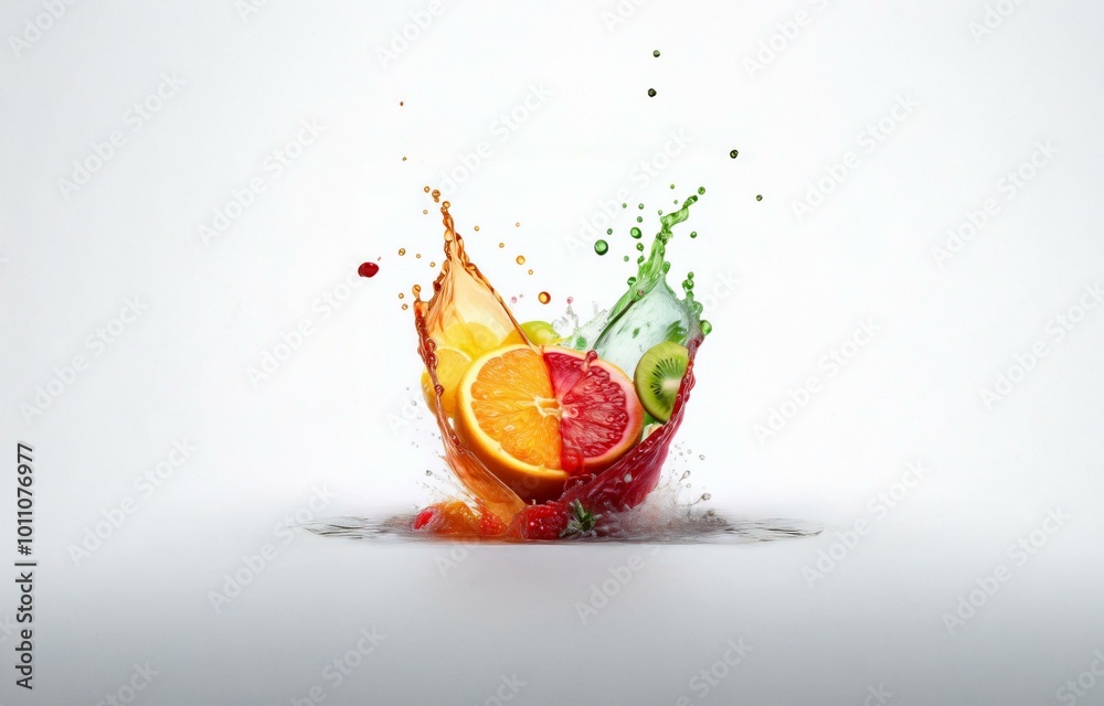 Poster fruit slices submerged in a splash of liquid, isolated against a white background.