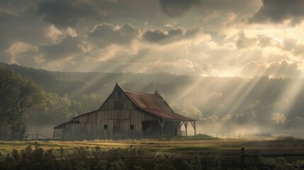 Serene Barn Under Rays of Morning Light