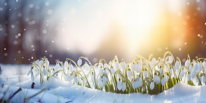 White snowdrops growth trought snowy ground.
