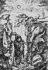 A detailed ink illustration of a person walking through rugged cliffs, evoking a sense of mystery and adventure. Ideal for nature, fantasy, and exploration-themed projects.