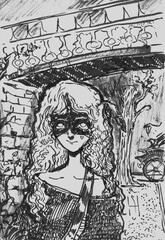 A mystical ink illustration of a girl wandering through a city at night, blending fantasy and urban elements. Ideal for fantasy, gothic, and surreal art projects.