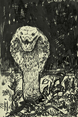 A detailed ink illustration of a cobra intertwined with flowers, combining danger and beauty. Perfect for nature, fantasy, and gothic-themed art projects.