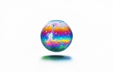 A single, iridescent soap bubble, with a soft white background, is isolated and hovering above the surface.