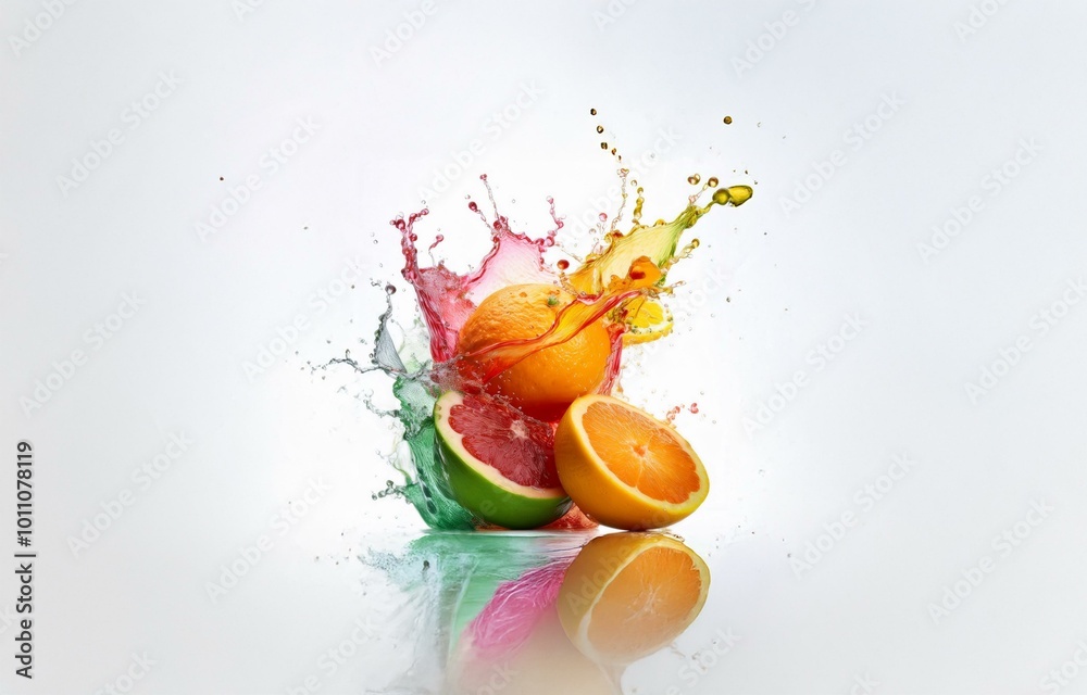Poster citrus fruits splash vibrant colors in an isolated display against a white background.