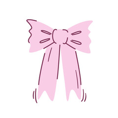 Cute pink bow clipart. Coquette and balletcore girly sticker. Hand drawn silk ribbon accessory. Vintage fashion element in pastel color. Vector illustration