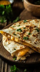 Delicious cheesy quesadillas with cilantro on rustic wooden table