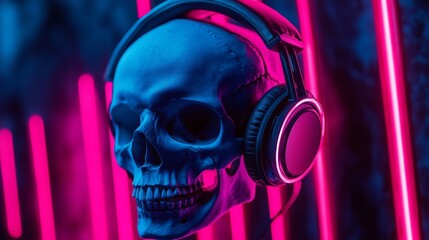 Blue skull listening music in headphones on neon background