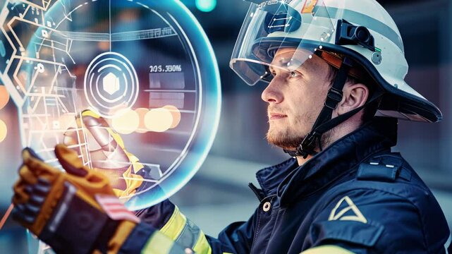 A firefighter engages with innovative technology, integrating modern tools for improved safety and efficiency during a training exercise