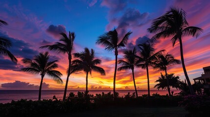 Colorful Sunset over Tropical Palm Trees at Beach