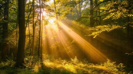 Fototapeta premium Golden Sunlight Streaming Through Forest Trees