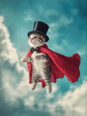 Fototapeta premium Flying cat in top hat and cape
