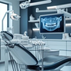 Modern dental clinic interior with x-ray monitor and dental chair, clean and organized.