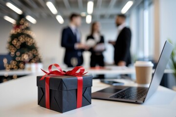 Stylish Black Gift Box Red Ribbon Contemporary Office - Ideal Corporate Holiday Gifting, Christmas Celebrations, Business Presentations