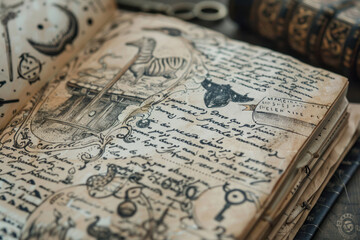 A close-up of a dream journal with detailed sketches of dream images like animals, keys, and stairs.