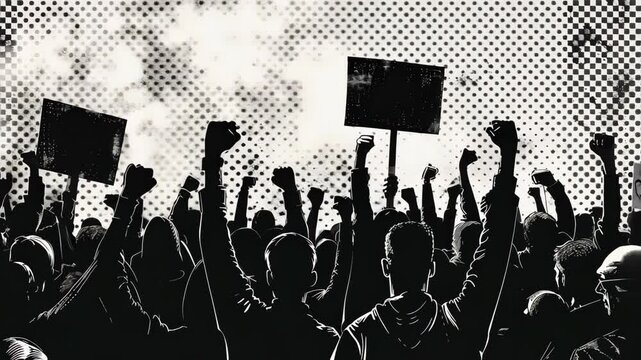A crowd of people raise their fists in the air during a protest