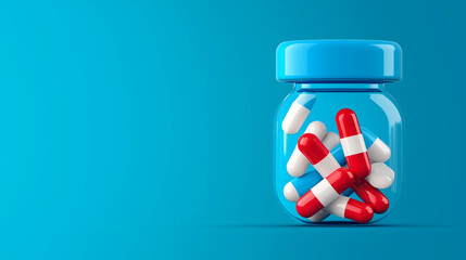 A blue bottle filled with red and white capsules, on a bright blue background