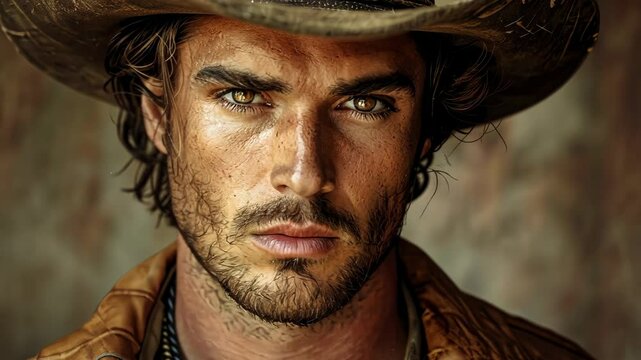 A man with a stern gaze wears a wide-brimmed hat, his expression suggesting a story of hardship and resilience