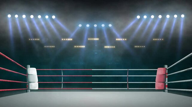 boxing ring with illumination by spotlights. 4k video background.	
