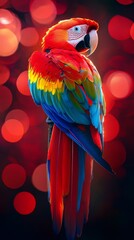 Fototapeta premium Scarlet macaw parrot posing on red background