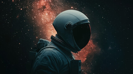 Astronaut in helmet floating in space, side view, open space, milky way, stars and planets background. Generative AI
