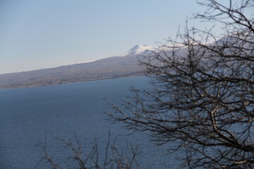 A peaceful scene of a lake with crystal clear water and a snow-capped mountain in the distance. The sky is clear and blue, with sparse branches of a tree in the foreground.