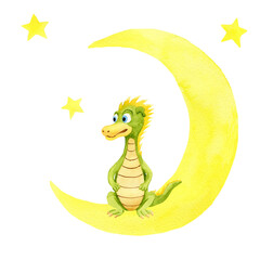 Green dragon on crescent and stars. Watercolor illustration on white background. For baby shower design, postcard, invitation, cards, poster, stickers