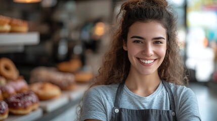 female bakery employee smiling and posing at a doughnut shop looking at the camera showcasing her role in the food service industry highlighting customer interaction and sweet shop business