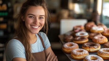 female bakery employee smiling and posing at a doughnut shop looking at the camera showcasing her role in the food service industry highlighting customer interaction and sweet shop business