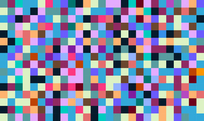 Abstract checkered pattern. Seamless background of multi-colored squares in blue and purple shades.