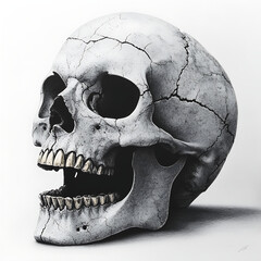 Obraz premium A realistic human skull with intricate details, isolated on a white background. The skull has an eerie, haunting presence, symbolizing death and mortality.