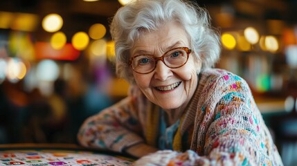 happy senior woman playing bingo with excitement and joy smiling and enjoying a fun and entertaining social activity in a community setting perfect for elderly ladies who love playing games