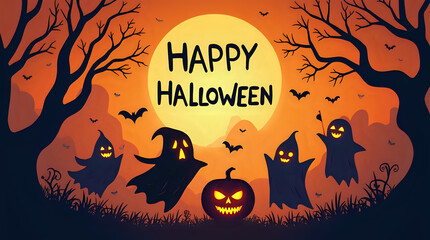 Halloween night background with pumpkins, bats, and a spooky orange moon