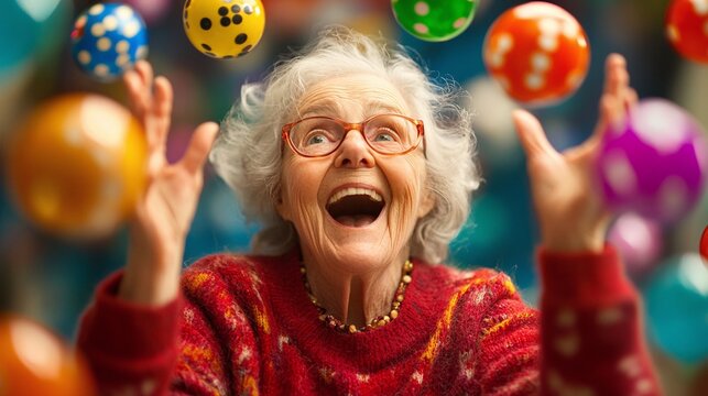 happy senior woman playing bingo with excitement and joy smiling and enjoying a fun and entertaining social activity in a community setting perfect for elderly ladies who love playing games