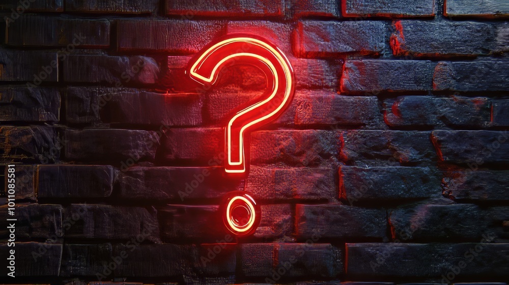 Wall mural Red neon question mark sign glowing on brick wall