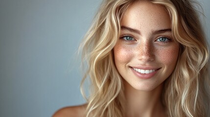 Naklejka premium beautiful blond young woman smiling in a professional headshot looking directly at the camera on a gray background highlighting confidence and elegance in a stylish modern portrait