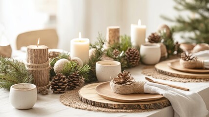 Rustic Christmas dinner table featuring wooden platters, linen napkins, jute-wrapped candles, and a natural pine branch centerpiece, emphasizing a connection to nature. Christmas dinner