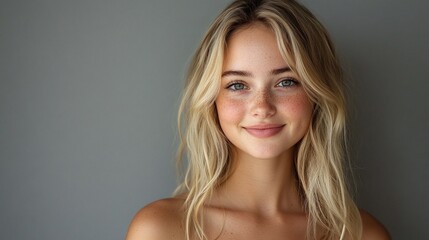 Naklejka premium beautiful blond young woman smiling in a professional headshot looking directly at the camera on a gray background highlighting confidence and elegance in a stylish modern portrait