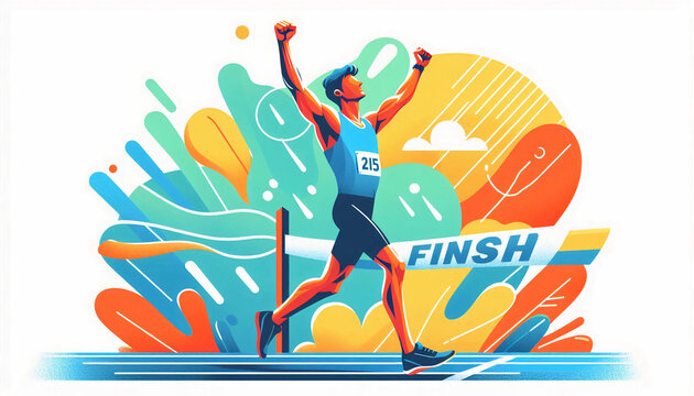 A victorious man crosses the finish line, arms raised in triumph, with a colorful and dynamic background