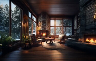 Fototapeta premium Cozy cabin interior with large windows overlooking a snow-covered forest, a fireplace, and a pair of chairs around a coffee table.