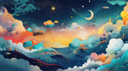 A detailed infographic-style dreamscape illustrating how dreams evolve through different stages of sleep.