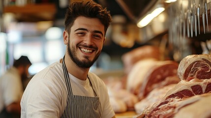 young smiling butcher working at the meat counter in a butcher shop offering fresh meat to customers and showcasing his professional expertise and customer service in the retail food industry