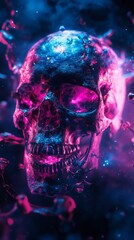 Human skull floating in a vaporwave void
