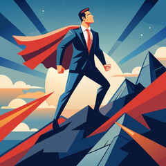 Execution success, Business goals, achieve target, successful career or victory concept. Businessman is standing on the top of mountain peak as a superhero in blue background. stock illustration © johndaly