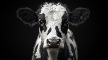 Black and white cow staring on black background