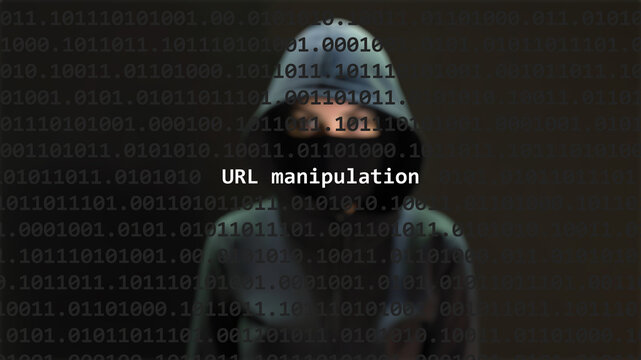 Cyber attack url manipulation text in foreground screen, anonymous hacker hidden with hoodie in the blurred background. Vulnerability text in binary system code on editor program.